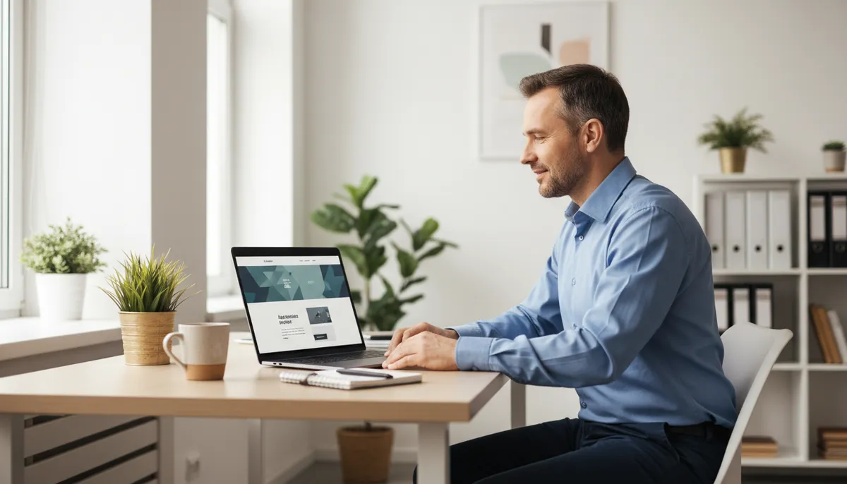MKB-ondernemer bekijkt zijn nieuwe bedrijfswebsite op een laptop aan zijn bureau