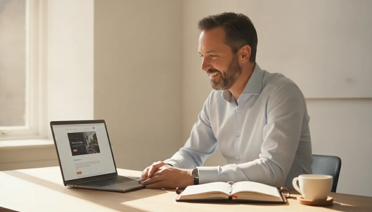 MKB-ondernemer achter laptop met professionele bedrijfswebsite open op het scherm