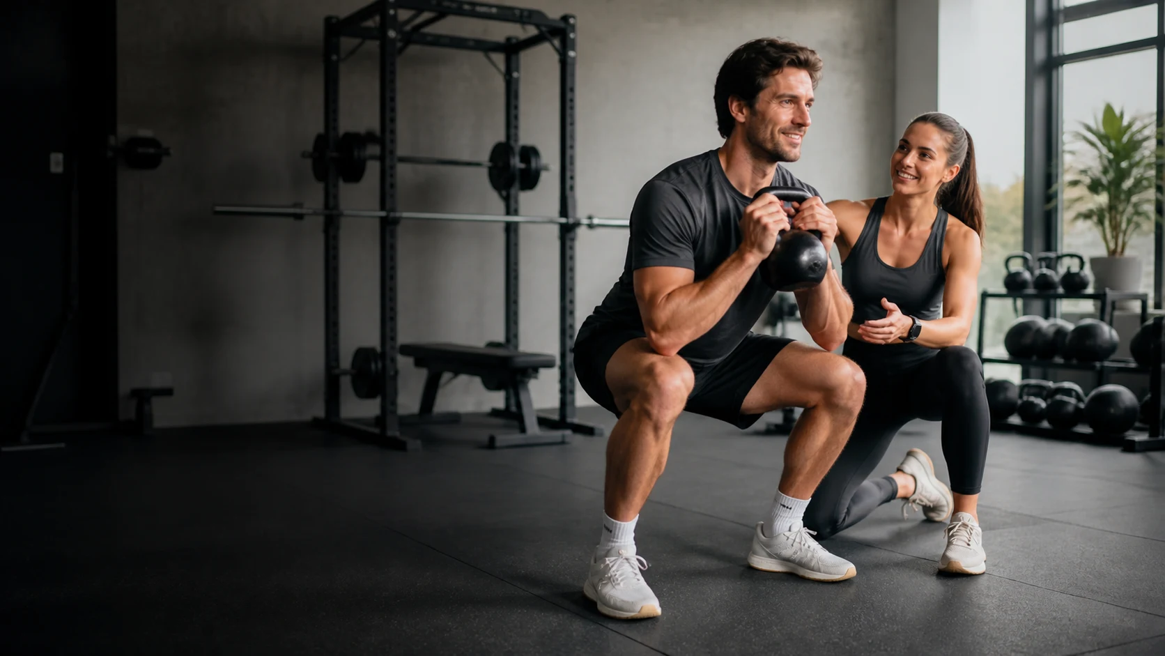 Personal trainer begeleidt een klant in haar lichte studio