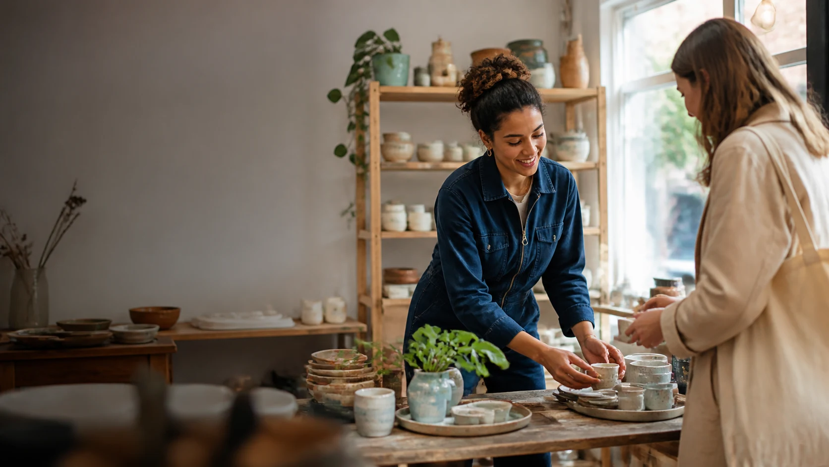Winkelondernemer helpt een klant in haar frisse conceptstore