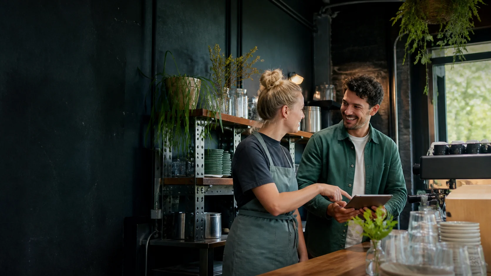 Twee ondernemers bespreken samen hun volgende stap in een sfeervolle koffiebar
